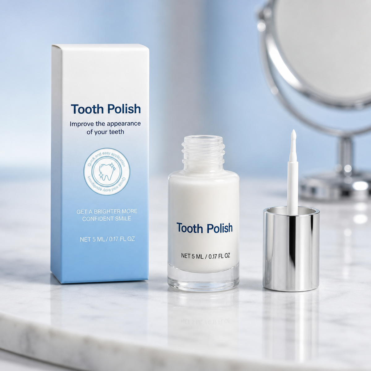 Flaconul Tooth Polish de 5 ml, pensula și cutia originală