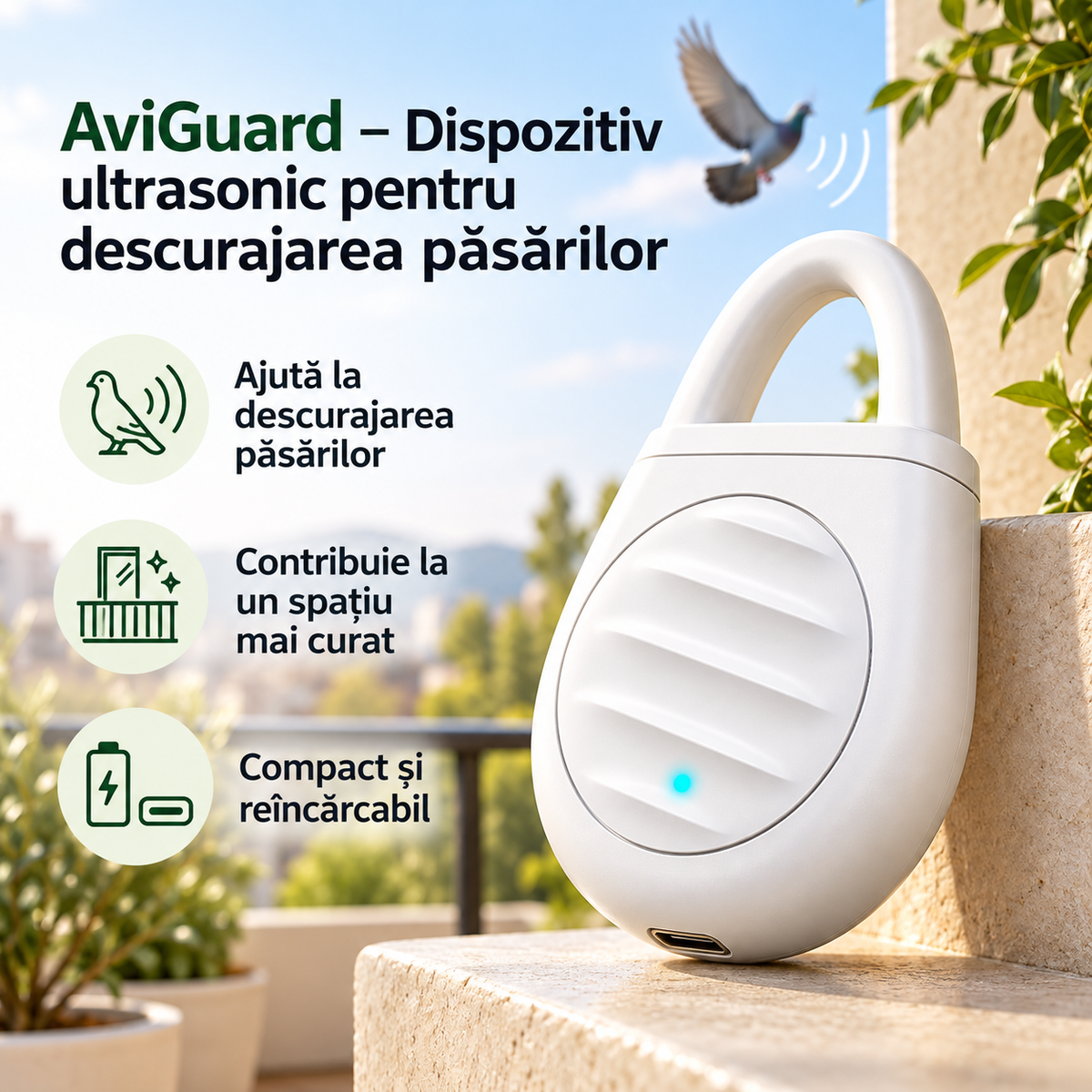 AviGuard – dispozitiv ultrasonic alb pentru descurajarea păsărilor