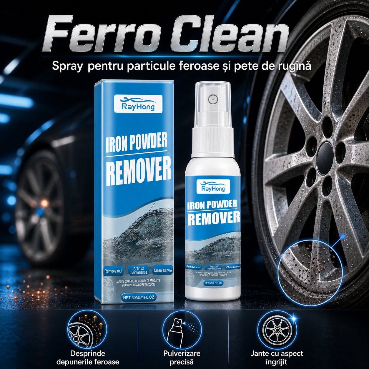 Ferro Clean – spray RayHong pentru particule feroase și pete de rugină