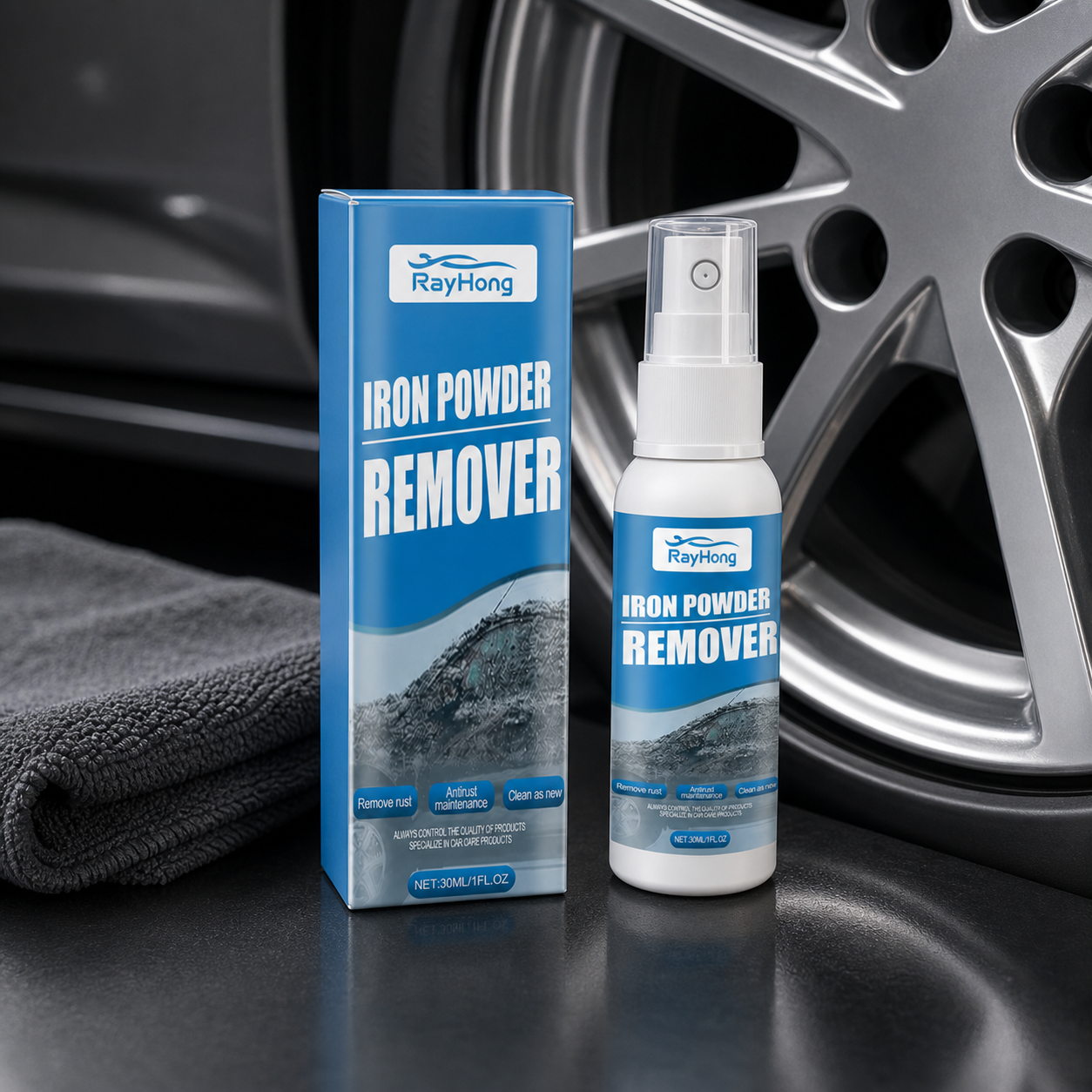 Flaconul și cutia RayHong Iron Powder Remover lângă o jantă