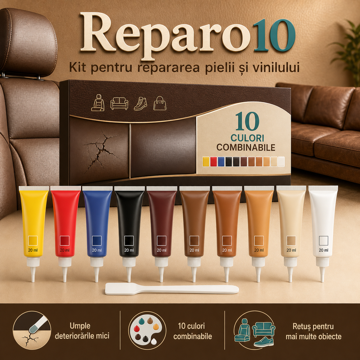 Reparo10 – kit cu 10 culori pentru retușarea pielii și vinilului